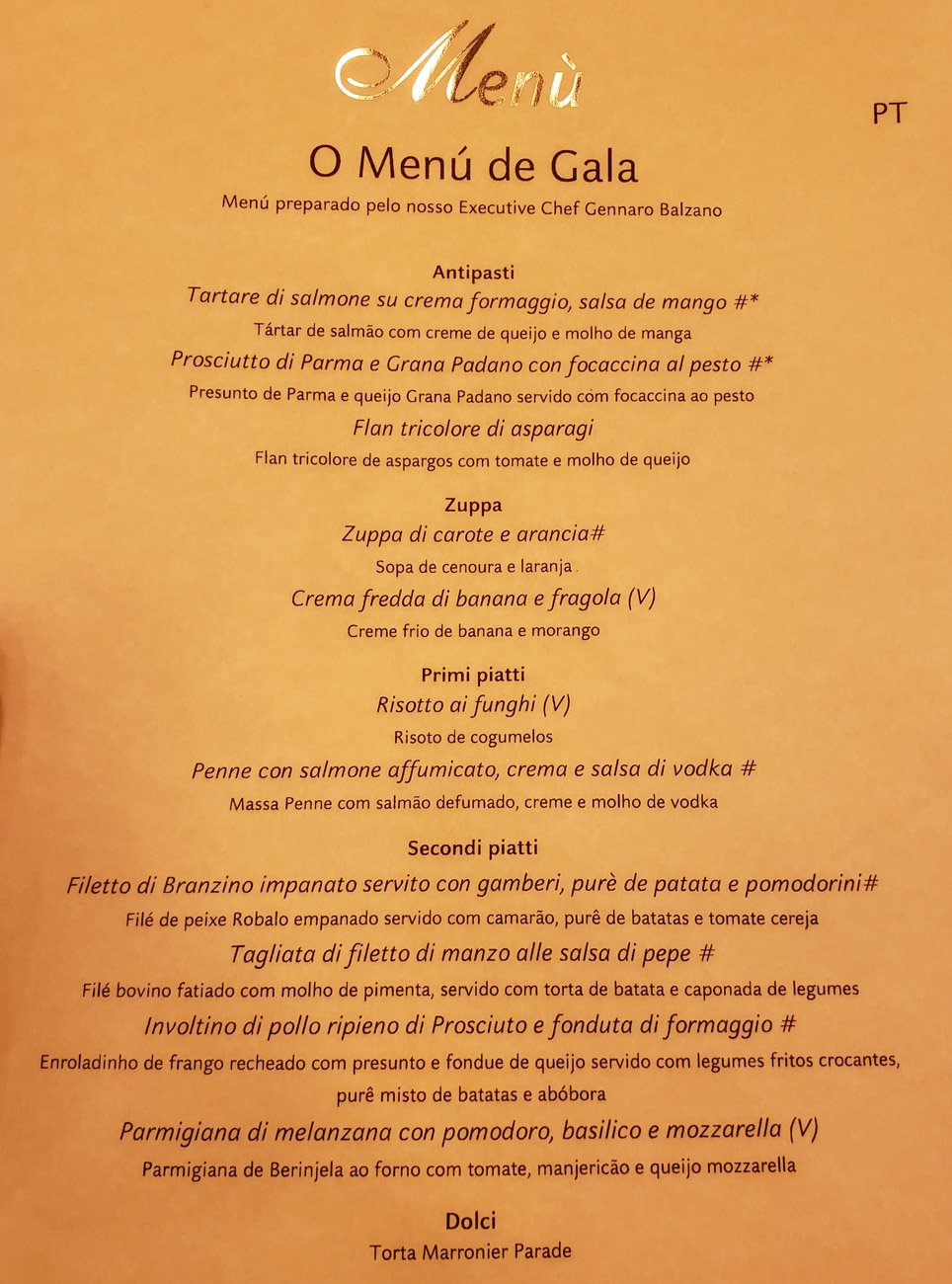 Menu Jantar de Gala no cruzeiro Costa Favolosa