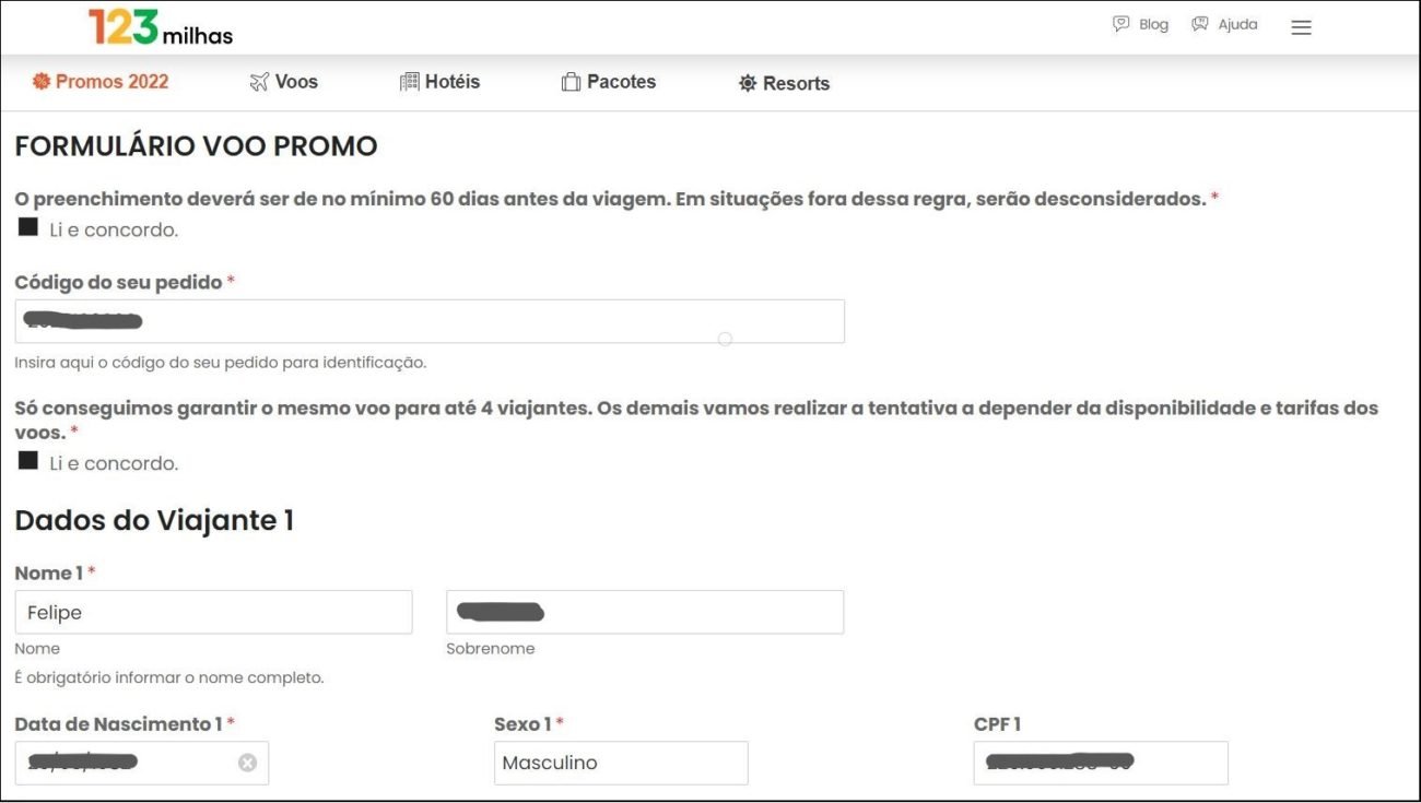Formulário 123 Milhas Voos Promo