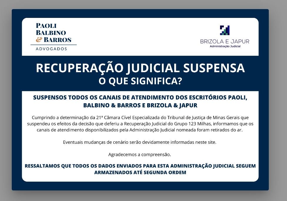 Justiça suspende pedido de recuperação judicial da 123 Milhas.